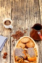 Rustic morning breakfast with homemade fresh buns. Coffee roasted beans are prepared for making a drink