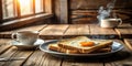 A rustic morning breakfast scene featuring toasted bread topped with a fried egg, served alongside a steaming cup of coffee on a Royalty Free Stock Photo