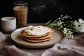 Rustic Morning Breakfast Table pancake stack Coffee, Ceramic Stone, Kitchen Backdrop Background Neutral Minimalist Simple Minimal Royalty Free Stock Photo