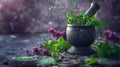 Mortar and pestle with fresh herbs for cooking on a dark rustic background. aromatic spices scattered around. culinary Royalty Free Stock Photo