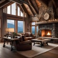 A rustic mountain cabin living room with a stone fireplace, cozy throws, and antler decor5