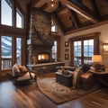 A rustic mountain cabin living room with a stone fireplace, cozy throws, and antler decor4