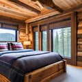 10 A rustic, mountain-inspired bedroom with a log bed, plaid bedding, and a wooden accent wall1, Generative AI Royalty Free Stock Photo