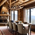 A rustic, mountain lodge-inspired dining room with log furnishings, antler chandeliers, and plaid textiles on chairs and curtain Royalty Free Stock Photo