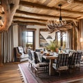 A rustic, mountain lodge-inspired dining room with log furnishings, antler chandeliers, and plaid textiles on chairs and curtain Royalty Free Stock Photo