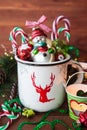 Rustic mug with festive christmas decorations Royalty Free Stock Photo