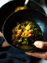 Rustic mung bean dahl curry in natural light