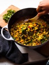 Rustic mung bean dahl curry in natural light Royalty Free Stock Photo