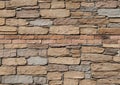 Rustic natural stones wall with two rows of bricks in the middle. Royalty Free Stock Photo