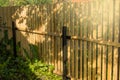 Rustic new wooden fence with black metal posts and gates, garden and vegetable garden fence on a Sunny summer day, against the Royalty Free Stock Photo