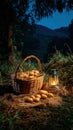 Rustic nighttime scene with potatoes in basket, illuminated by lantern in rural mountain setting with burlap sack Royalty Free Stock Photo