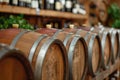 Rustic Oak Wine Barrels Aging in Traditional Winery Cellar with Vintage Tools and Vineyard Views Royalty Free Stock Photo