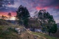 Rustic old barn house framed by some trees with a beautiful sky behind Royalty Free Stock Photo