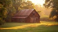 Rustic old barn in pastoral setting with weathered wood texture and warm golden hour lighting Royalty Free Stock Photo