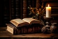 Rustic Old book and candles on wooden table. Generate AI Royalty Free Stock Photo