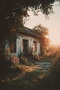 Rustic old cottage standing among overgrown plants and trees as sunset light casts a warm glow Royalty Free Stock Photo