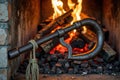 Rustic old key near cozy fireplace with burning logs and glowing embers Royalty Free Stock Photo
