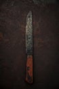 Rustic old kitchen knife with decayed carbon steel blade on rusty background Royalty Free Stock Photo