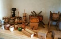 Rustic old utensils and ceramic jugs were used many years ago to make various milk products