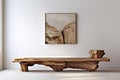 Rustic old wood log bench near white wall with art poster frame. Boho interior design of modern living room in farmhouse. Created Royalty Free Stock Photo