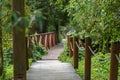 Rustic wooden bridge over stream in summer park. Royalty Free Stock Photo