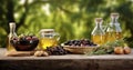 Rustic Olive Harvest - Freshly harvested olives berries in wood bowls and pressed oil in glass bottles. Served on old wooden