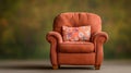 Rustic Orange Armchair with Floral Pillow: A Cozy Home Decor Piece Royalty Free Stock Photo