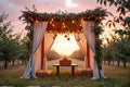 Rustic orchard gazebo with draped curtains and hanging oranges at sunset Royalty Free Stock Photo