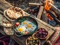 Rustic outdoor breakfast featuring sunny side up eggs with fresh tomatoes and greens, flatbreads, and bowls of mixed olives beside Royalty Free Stock Photo