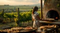 Woman prepares pizzas in an outdoor wood-fired oven with vineyard backdrop. culinary lifestyle in rustic setting. AI