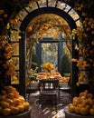 Rustic outdoor table setting with candles, vase of flowers and yellow leaves for a warm and inviting feel