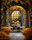 Rustic outdoor table setting with candles, vase of flowers and yellow leaves for a warm and inviting feel