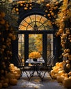 Rustic outdoor table setting with candles, vase of flowers and yellow leaves for a warm and inviting feel