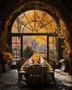 Rustic outdoor table setting with candles, vase of flowers and yellow leaves for a warm and inviting feel