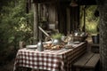 rustic outdoor table setting with checkered cloth, plates, and silverware