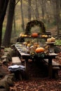 rustic outdoor thanksgiving picnic scene with pumpkins