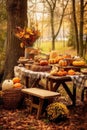 rustic outdoor thanksgiving picnic scene with pumpkins
