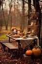 rustic outdoor thanksgiving picnic scene with pumpkins