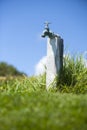 Rustic outdoor water spigot in grass field in California