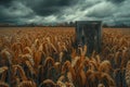 A rustic outhouse stands alone in a vast field of wheat, under a dramatic cloudy sky, embodying a sense of isolation and Royalty Free Stock Photo