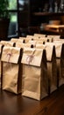 Rustic packaging: Brown paper bags placed artfully on the tabletop.