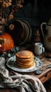 Rustic pancakes on vintage plate, autumn vibe, AI Generated