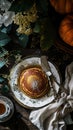 Rustic pancakes on vintage plate, autumn vibe, AI Generated