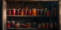Assorted homemade preserves on rustic wooden shelves. canned fruits and vegetables. vintage pantry storage look