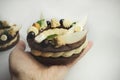 Rustic Paris Brest choux pastry rings with hazelnut ganache, nuts, apple slices, black currants and hazelnut sponge on female hand Royalty Free Stock Photo