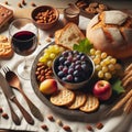 Rustic passover spread with wine and traditional unleavened bread