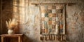Rustic patchwork tapestry hanging on weathered wall with dried pampas grass in earthenware pot on wooden side table. Generative AI Royalty Free Stock Photo
