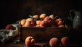 Rustic peach basket on wooden table, showcasing fresh harvest outdoors generated by AI