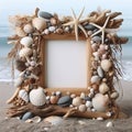 A rustic photo frame crafted from driftwood and shells, elegantly displayed on a sandy beach backdrop. Royalty Free Stock Photo
