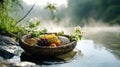 A rustic picnic basket with fresh bread and fruit by a misty riverbank at sunrise Royalty Free Stock Photo